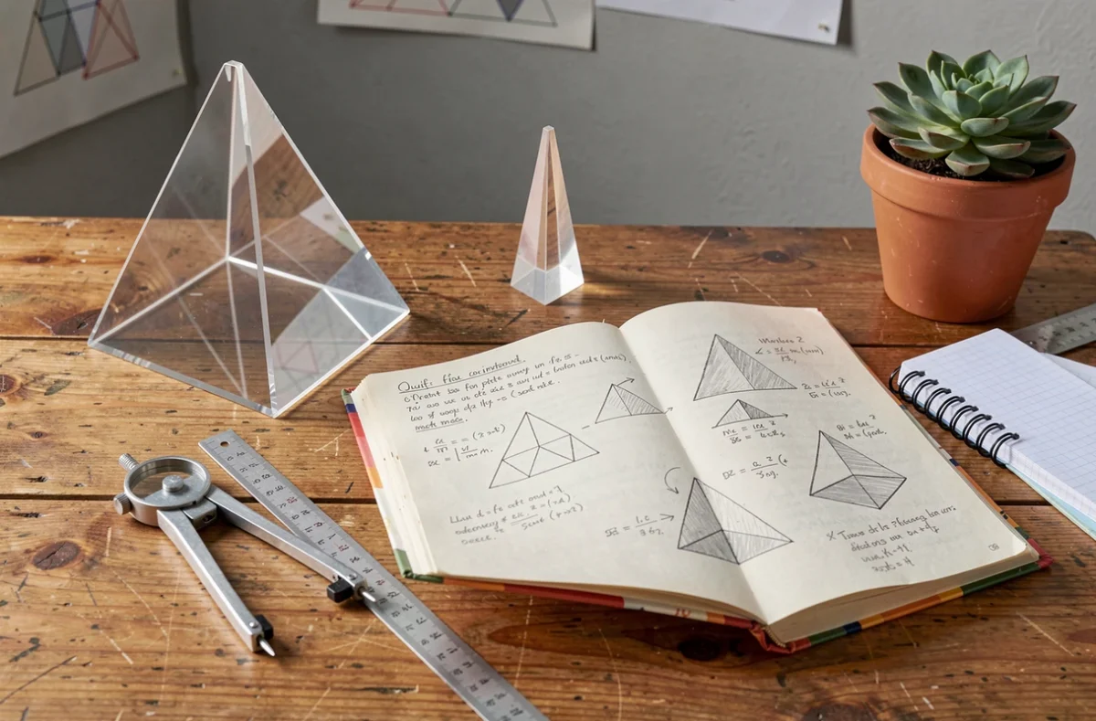 Bureau étudiant avec modèles géométriques 3D en acrylique, manuel scolaire ouvert et formules de volume de triangle annotées à la main