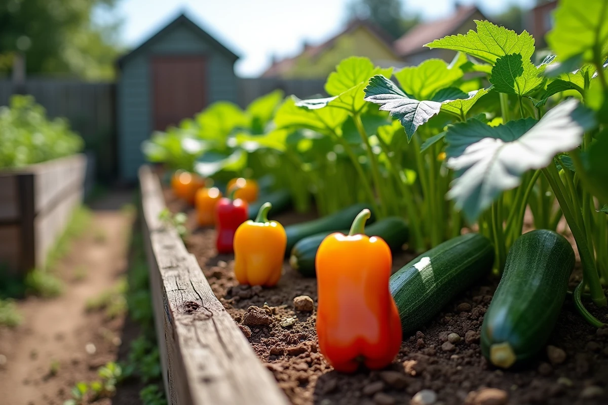 Carré de jardin surélevé rempli de légumes du soleil comme poivrons colorés, aubergines et courgettes en pleine croissance estivale