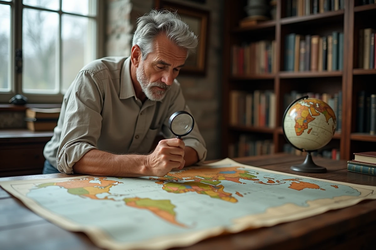 Cartographe examinant une carte du monde avec une loupe dans un bureau académique, analysant les zones géographiques les moins vulnérables au réchauffement climatique