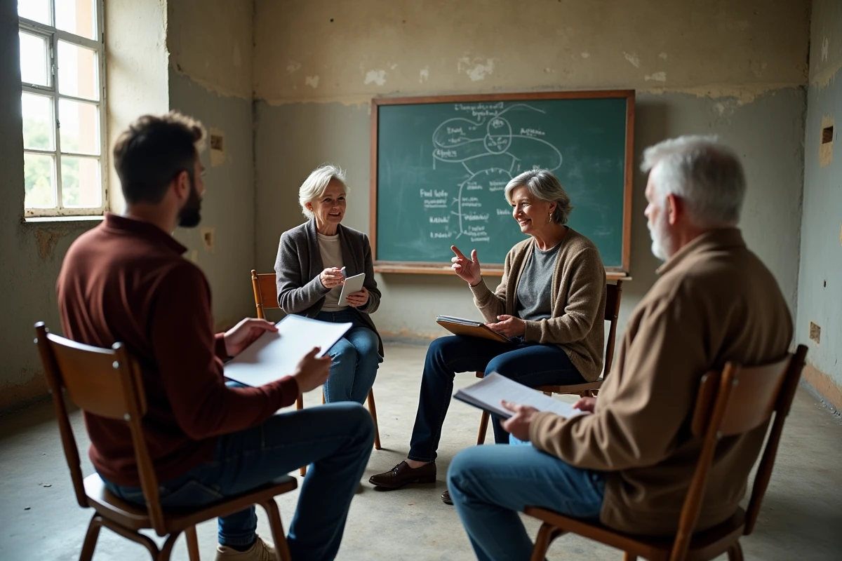 Groupe d'adultes en cercle dans une salle communautaire discutant autour d'un tableau noir, évoquant la pédagogie critique et le dialogue de Paulo Freire