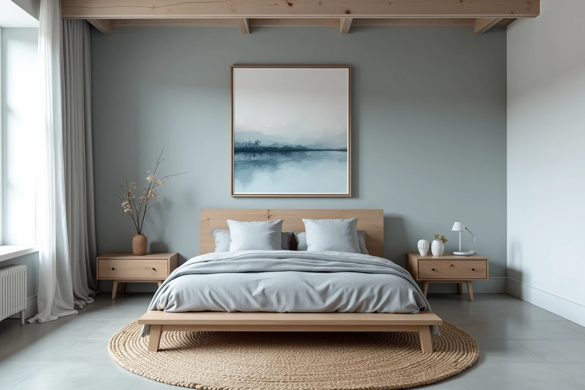 Chambre scandinave principale en bleu-gris pâle avec poutres apparentes, literie en lin ivoire et tapis jute