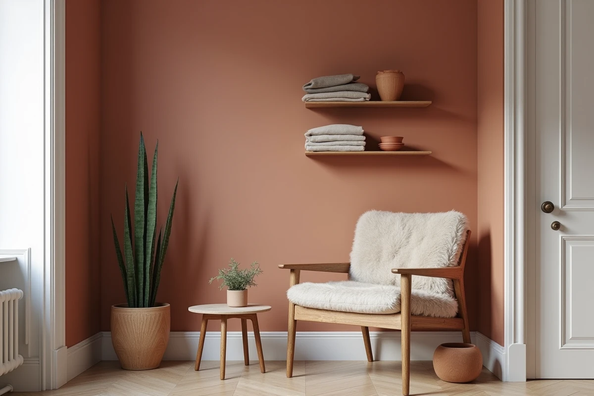 Coin chambre scandinave avec mur terracotta doux, fauteuil en bois et accessoires en céramique naturelle