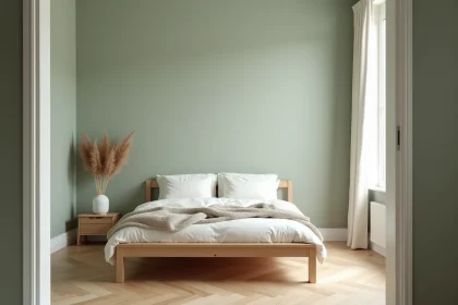 Chambre scandinave minimaliste avec murs vert sauge doux, parquet chêne clair et literie blanche épurée
