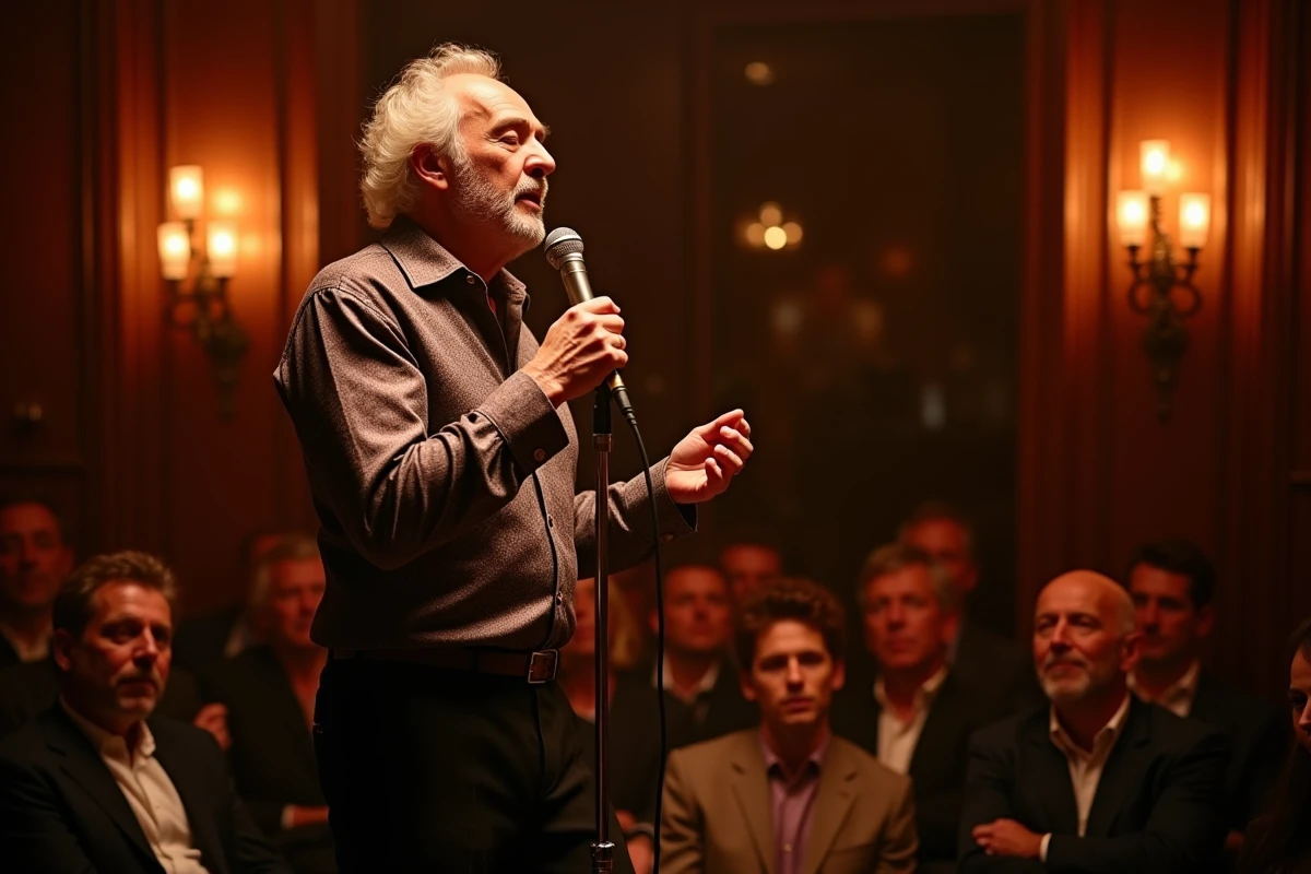 Chanteur français des années 80 sur scène dans un cabaret parisien en 2026, entouré d'un public conquis lors d'un concert intime
