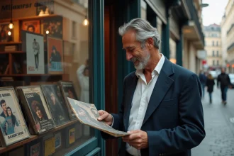 Chanteur français des années 80 devant un magasin de disques vintage à Paris, tenant un vieux vinyle avec un sourire nostalgique