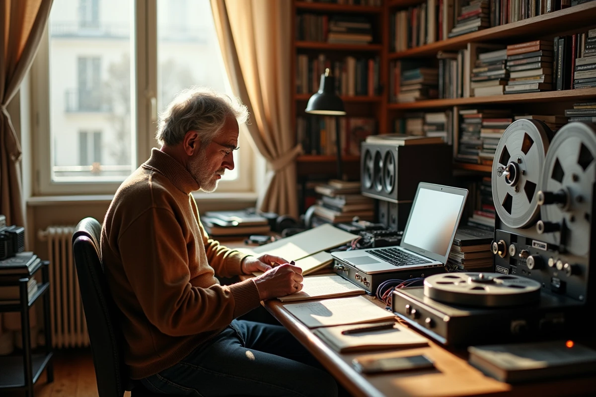 Chanteur français oublié des années 80 dans son studio parisien, entouré de vinyles et de matériel analogique vintage, revisitant ses textes