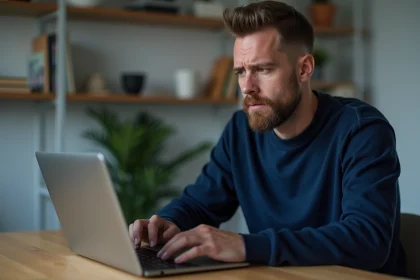 Homme utilisant ChatGPT sur un ordinateur portable dans un bureau à domicile moderne, illustrant la confidentialité des invites