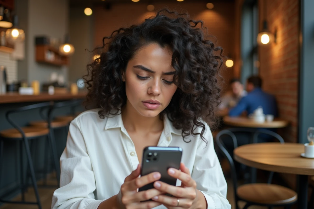 Femme consultant une interface de chat IA sur smartphone dans un café, soulevant des questions sur la conservation des données