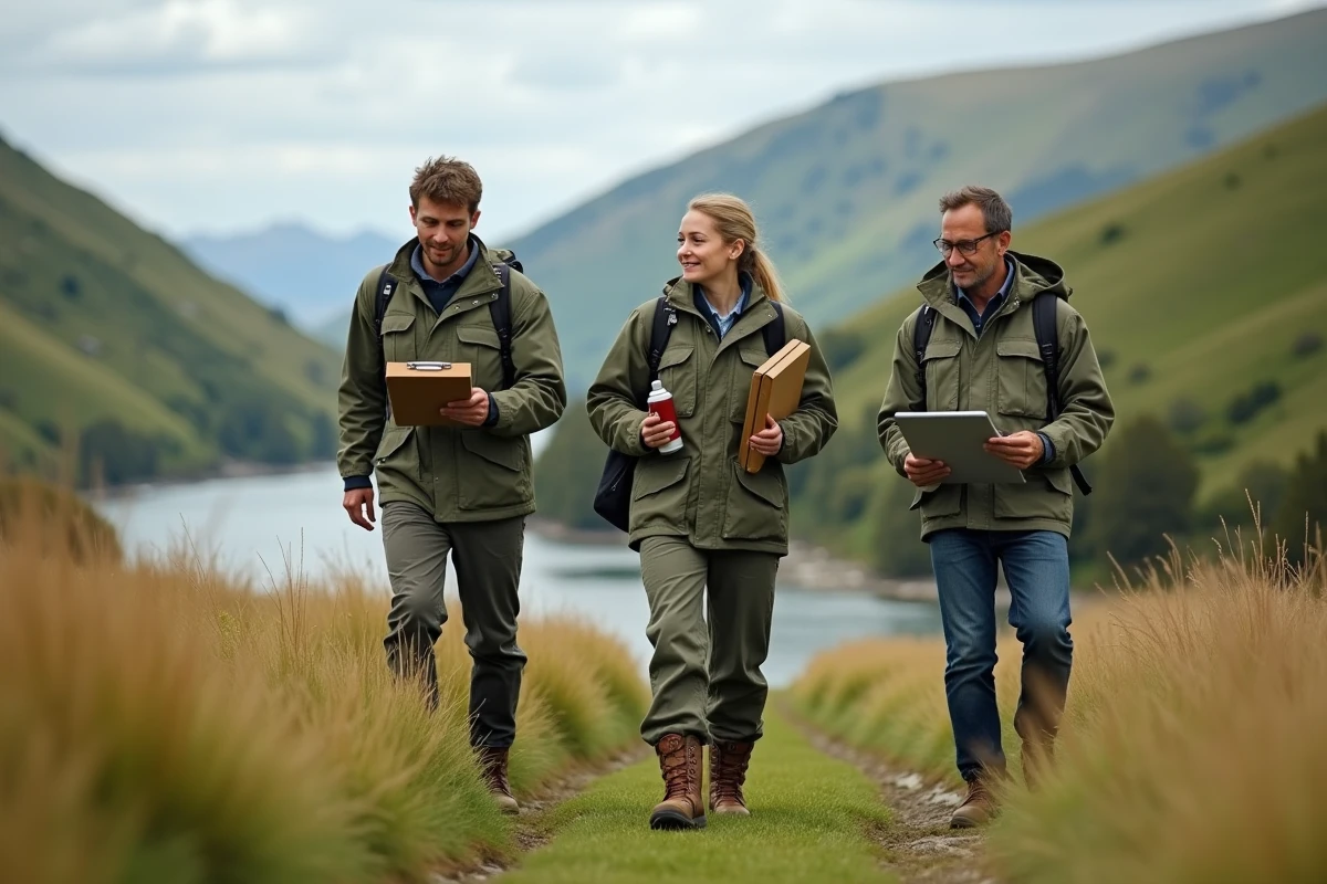 Groupe de chercheurs en vestes de terrain marchant dans une prairie verdoyante en Nouvelle-Zélande, illustrant la surveillance environnementale dans un pays résilient au changement climatique