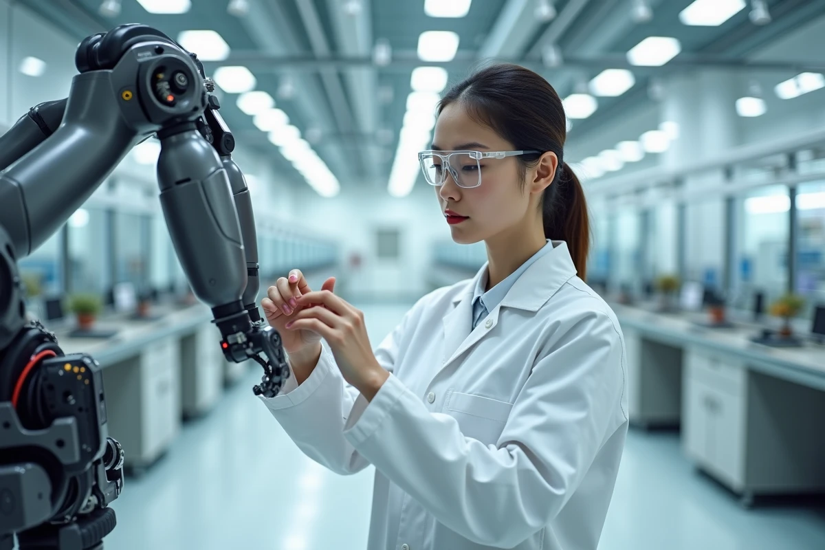 Chercheuse en robotique inspectant un bras robotique articulé dans un laboratoire high-tech de Shenzhen, représentant l'essor technologique mondial de la Chine