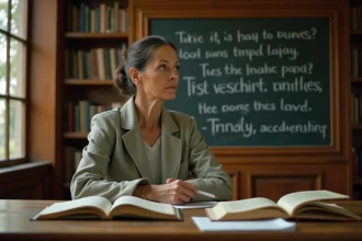 Femme enseignante réfléchissant à une citation sur la véritable éducation dans une bibliothèque académique