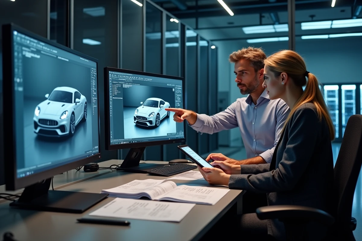 Deux ingénieurs automobiles collaborant sur un logiciel de simulation et rendu 3D de carrosserie