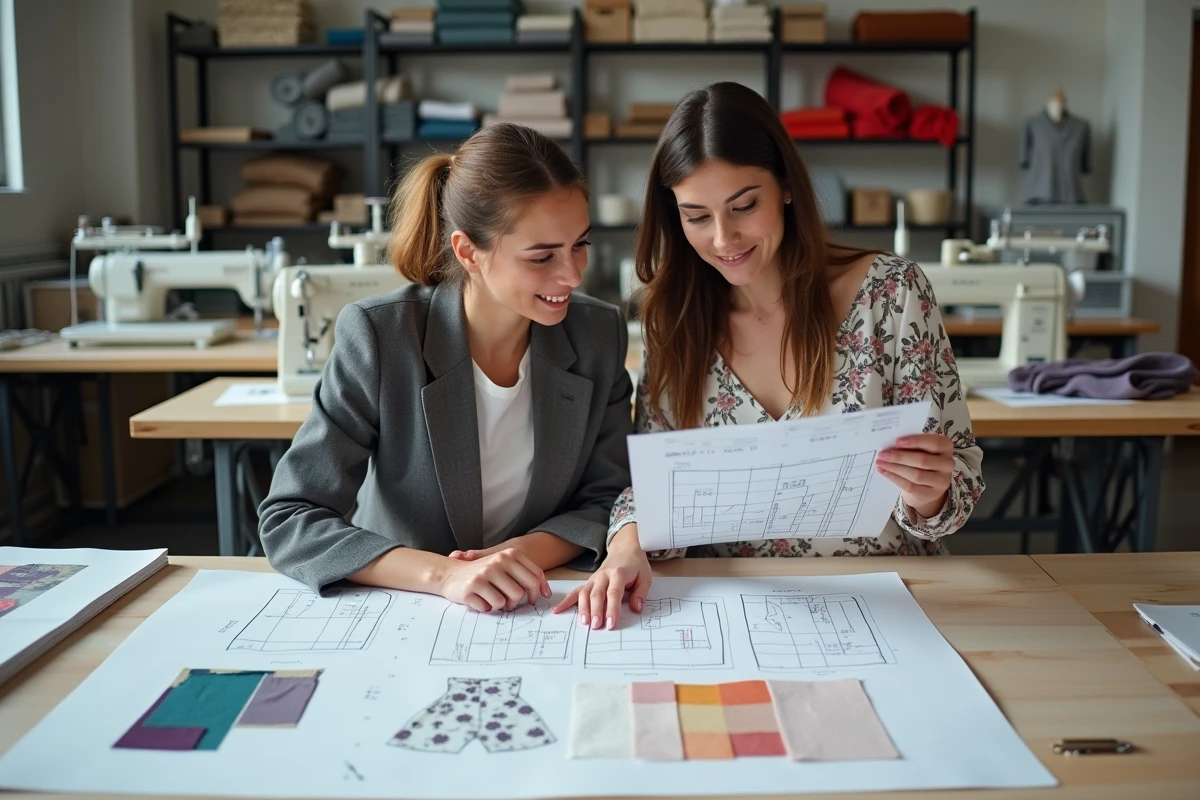 Modéliste et styliste collaborant autour d'un patron de couture et de coupons de tissu dans un atelier de mode