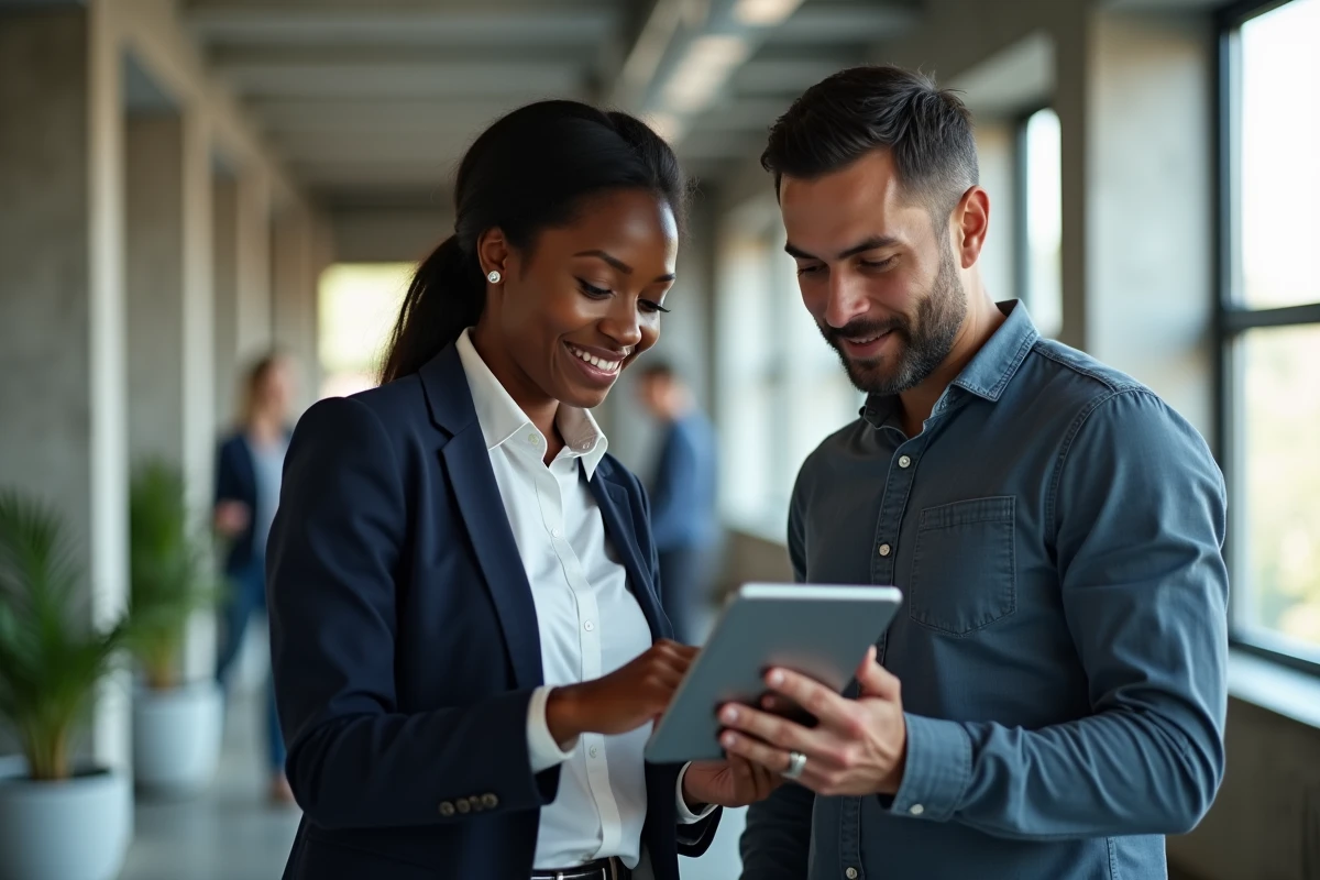 Deux collègues de cultures différentes collaborant sur une tablette dans un couloir de bureau moderne