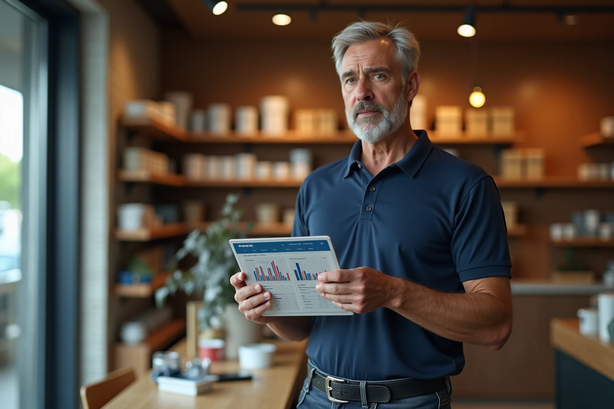 Propriétaire de commerce tenant une tablette affichant une campagne publicitaire sur les réseaux sociaux dans sa boutique