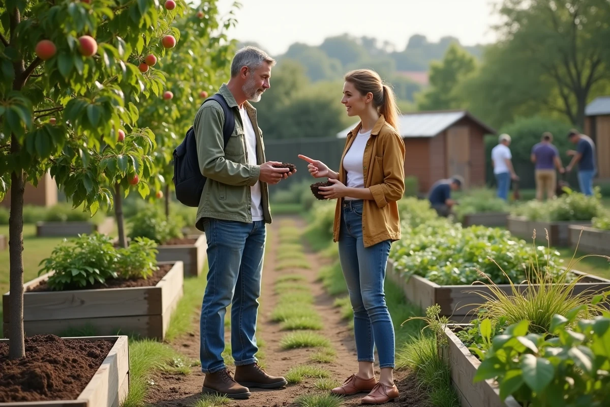 Deux jardiniers comparant la croissance de deux pêchers dans un jardin partagé urbain avec des parcelles cultivées