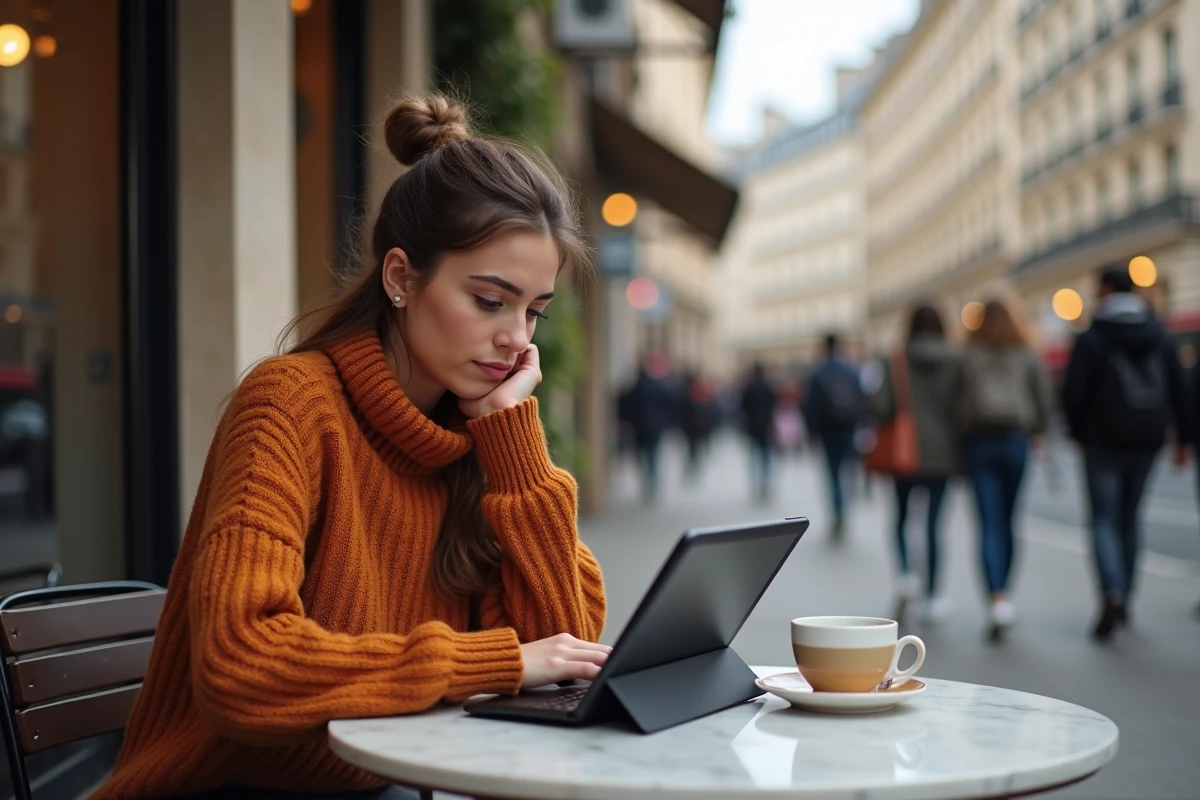 Jeune femme comparant des outils de traduction automatique sur une tablette dans un café parisien