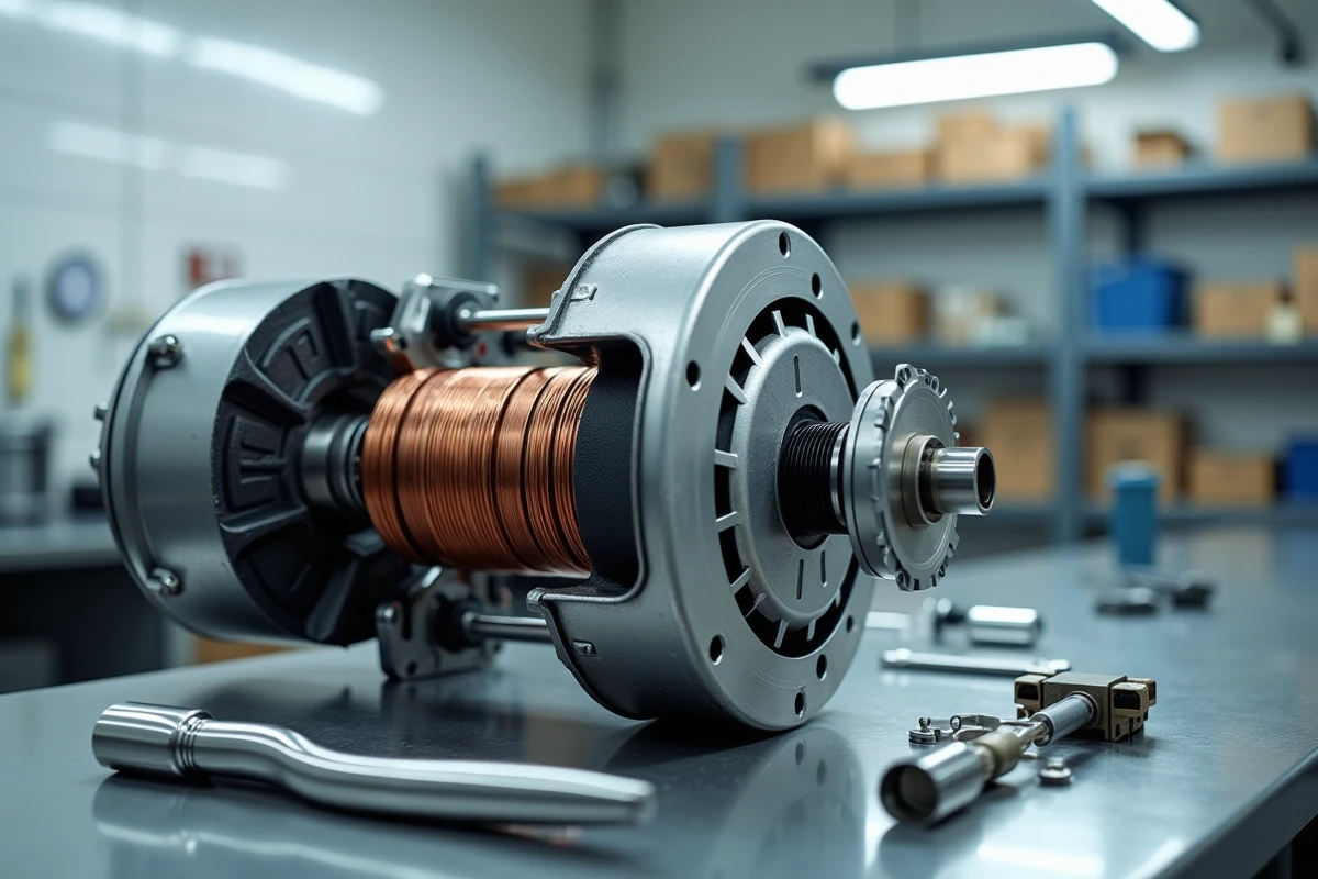 Gros plan sur les composants internes d'un moteur hybride démonté sur un établi d'atelier