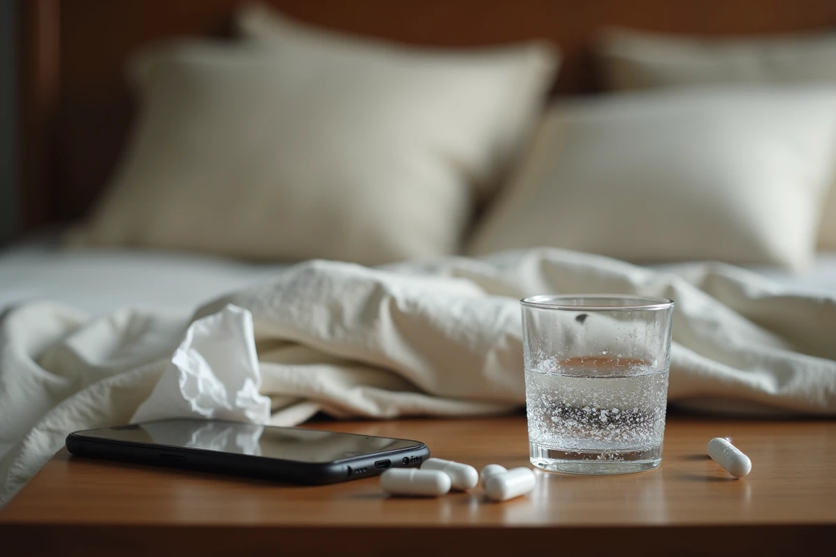 Médicaments contre le stress posés sur une table de nuit avec un verre d'eau, illustrant la prise de traitement anxiolytique