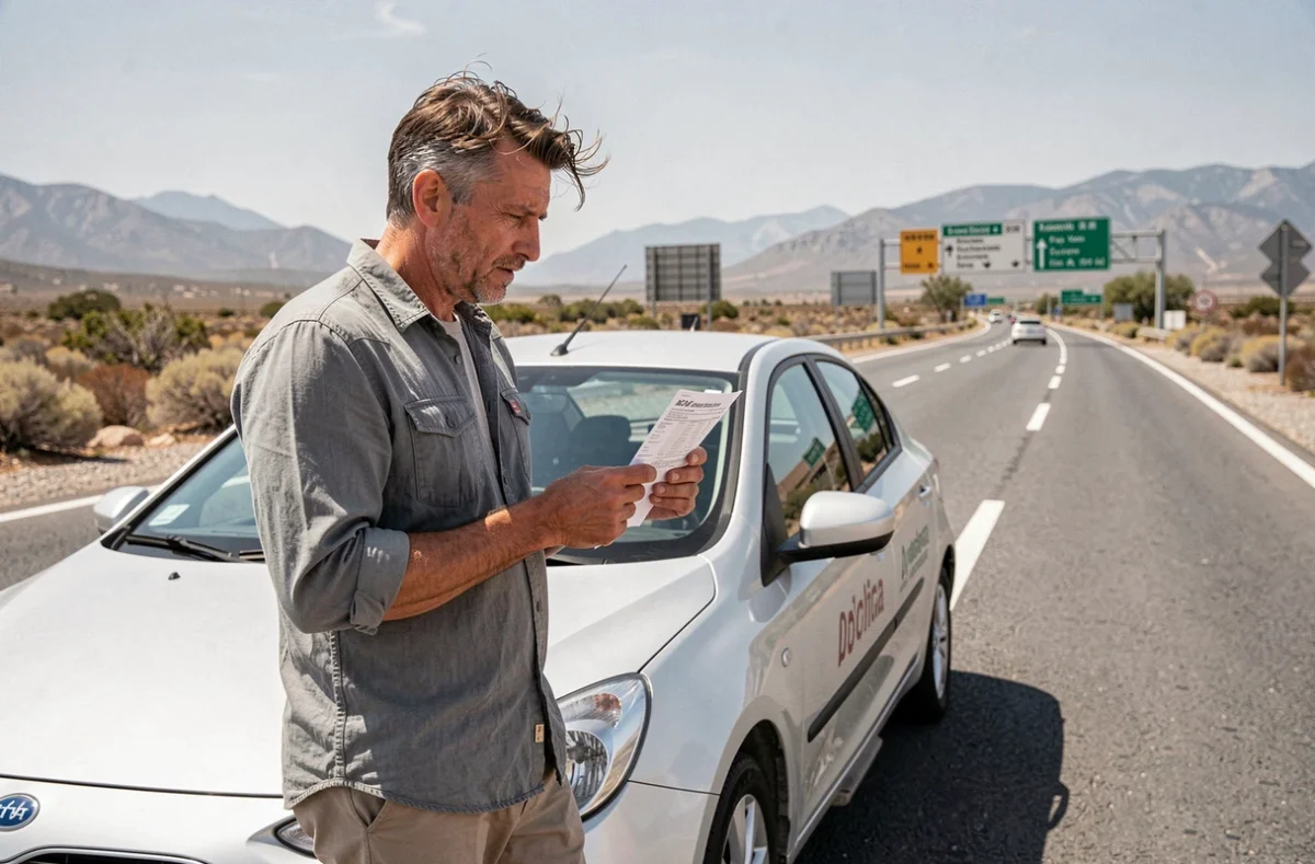 Conducteur découvrant une amende de la route en Espagne lors d'un trajet en voiture de location