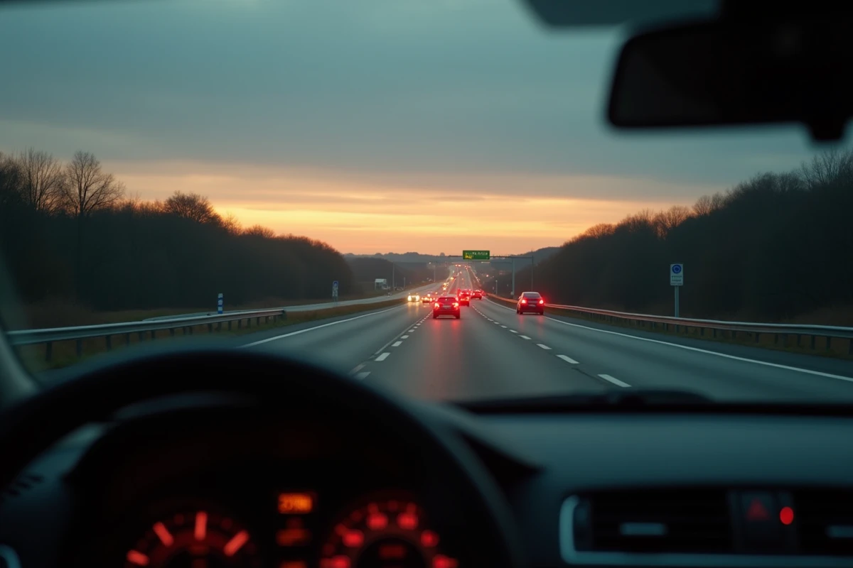 Vue depuis l'intérieur d'un véhicule sur une autoroute française au crépuscule avec feux de circulation