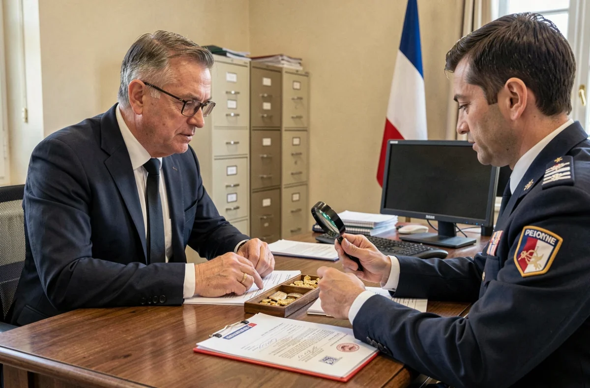 Homme consultant un agent des douanes avec des bijoux en or et documents officiels français