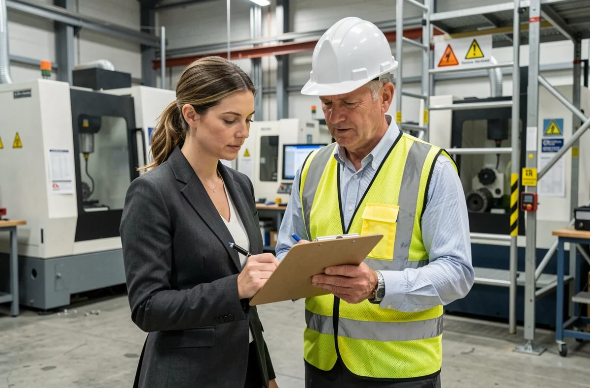 Responsable qualité et technicien contrôlant la conformité IRIS02 sur un site de production industrielle
