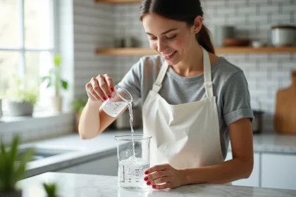 Femme versant 50 ml de liquide dans un récipient d'un litre sur un plan de travail en marbre, illustration de la conversion 50 ml en litre