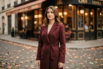 Femme portant un manteau bordeaux en laine sur une rue pavée parisienne en automne, illustrant la couleur bordeaux dans la mode anglophone