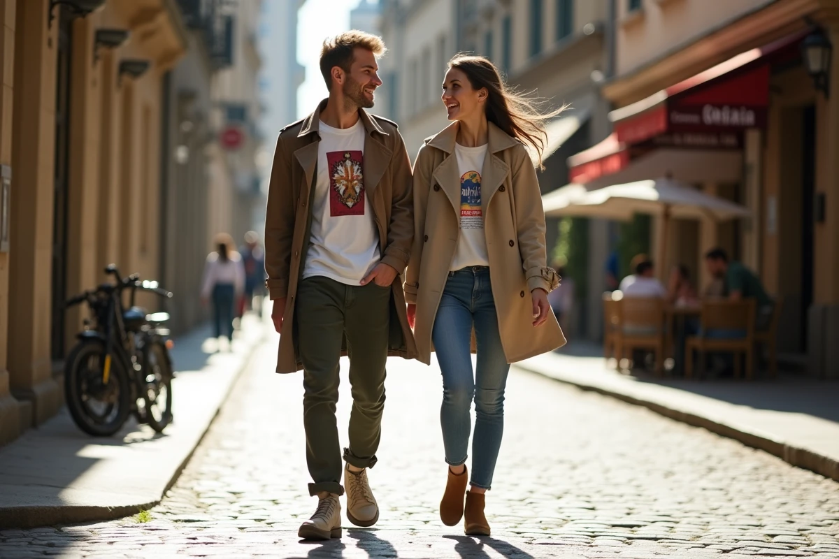 Homme et femme marchant et discutant dans une rue urbaine, représentant les relations interpersonnelles et l'attraction allosexuelle