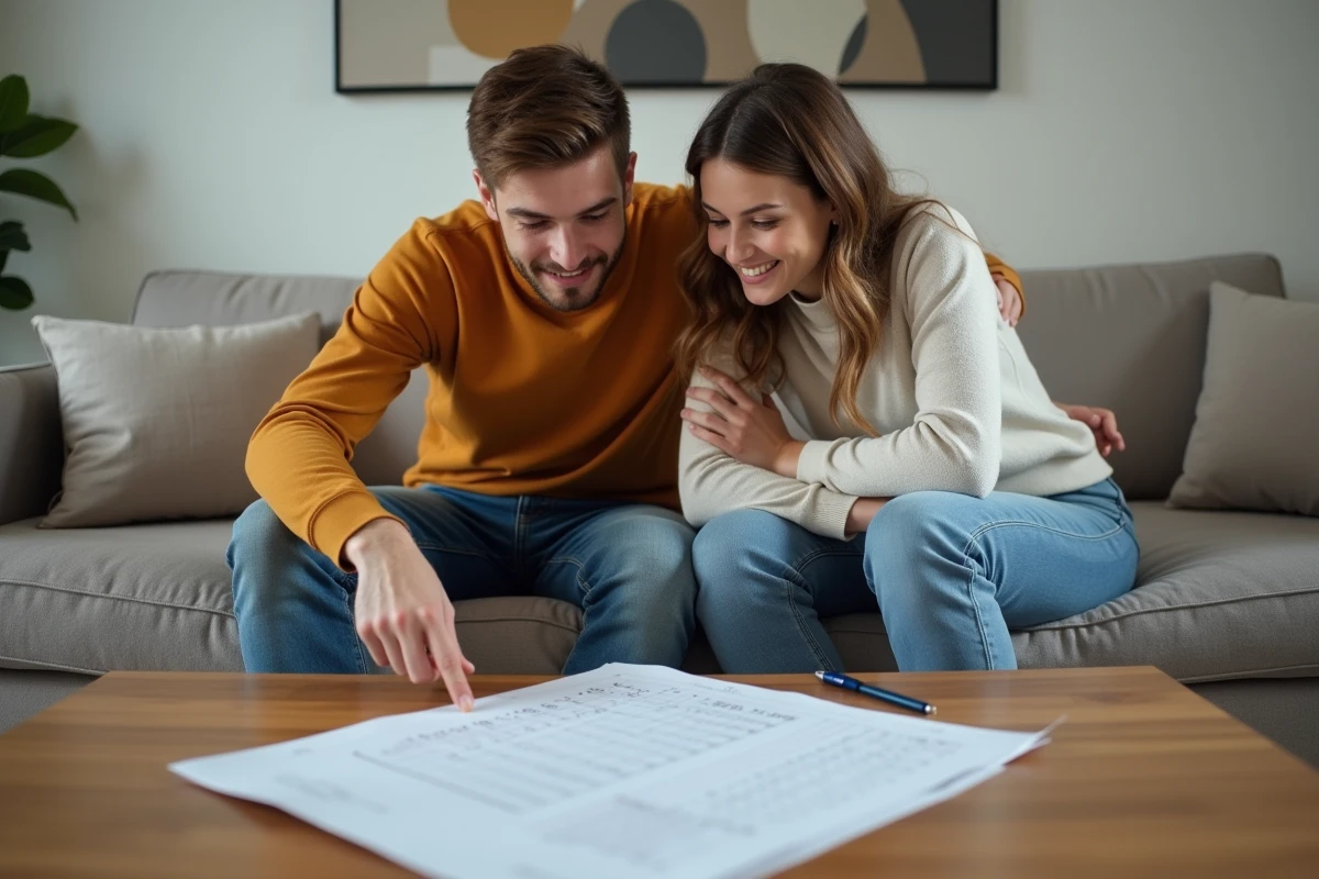 Couple révisant ensemble un budget mensuel sur papier millimétré dans un salon minimaliste