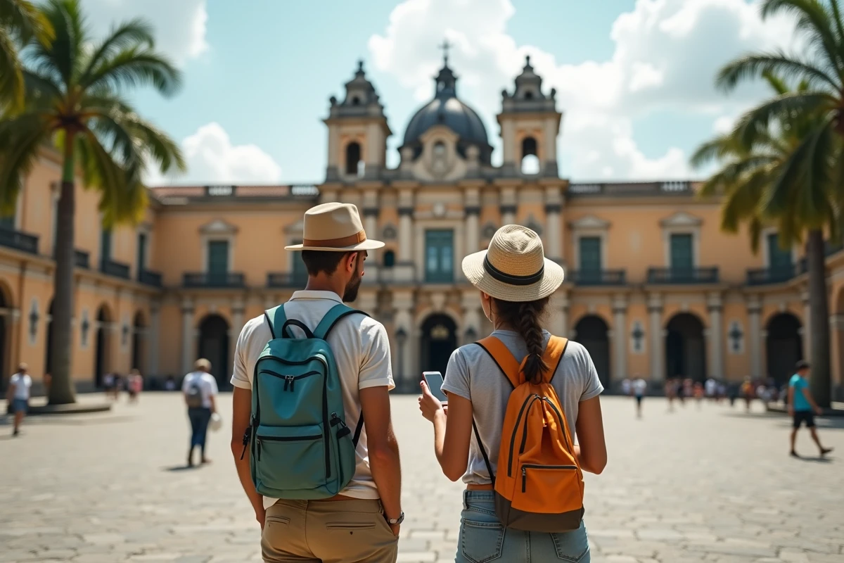 Couple français consultant une appli de voyage budget devant un bâtiment colonial en Amérique Latine, pays peu coûteux