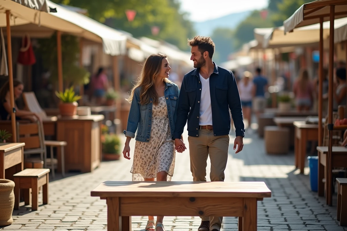 Couple visitant un marché aux puces extérieur pour acheter des meubles en bois au meilleur prix