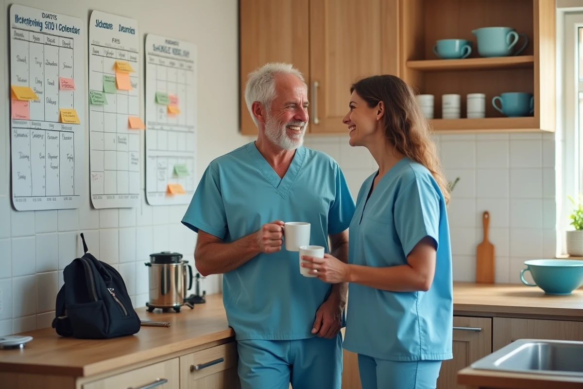 Couple planifiant leur organisation familiale autour d'un calendrier partagé dans la cuisine, représentant la gestion du temps entre contraintes professionnelles et responsabilités parentales