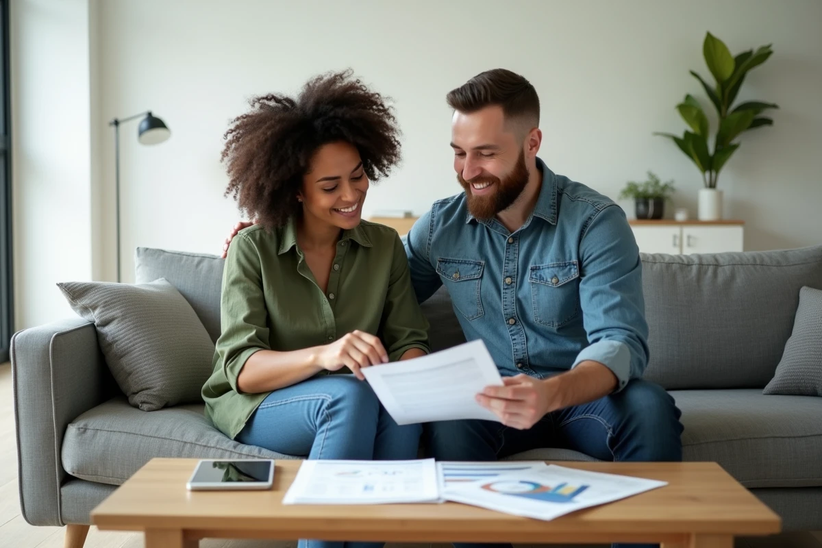Couple examinant ensemble un plan d'investissement personnel dans un salon au style scandinave