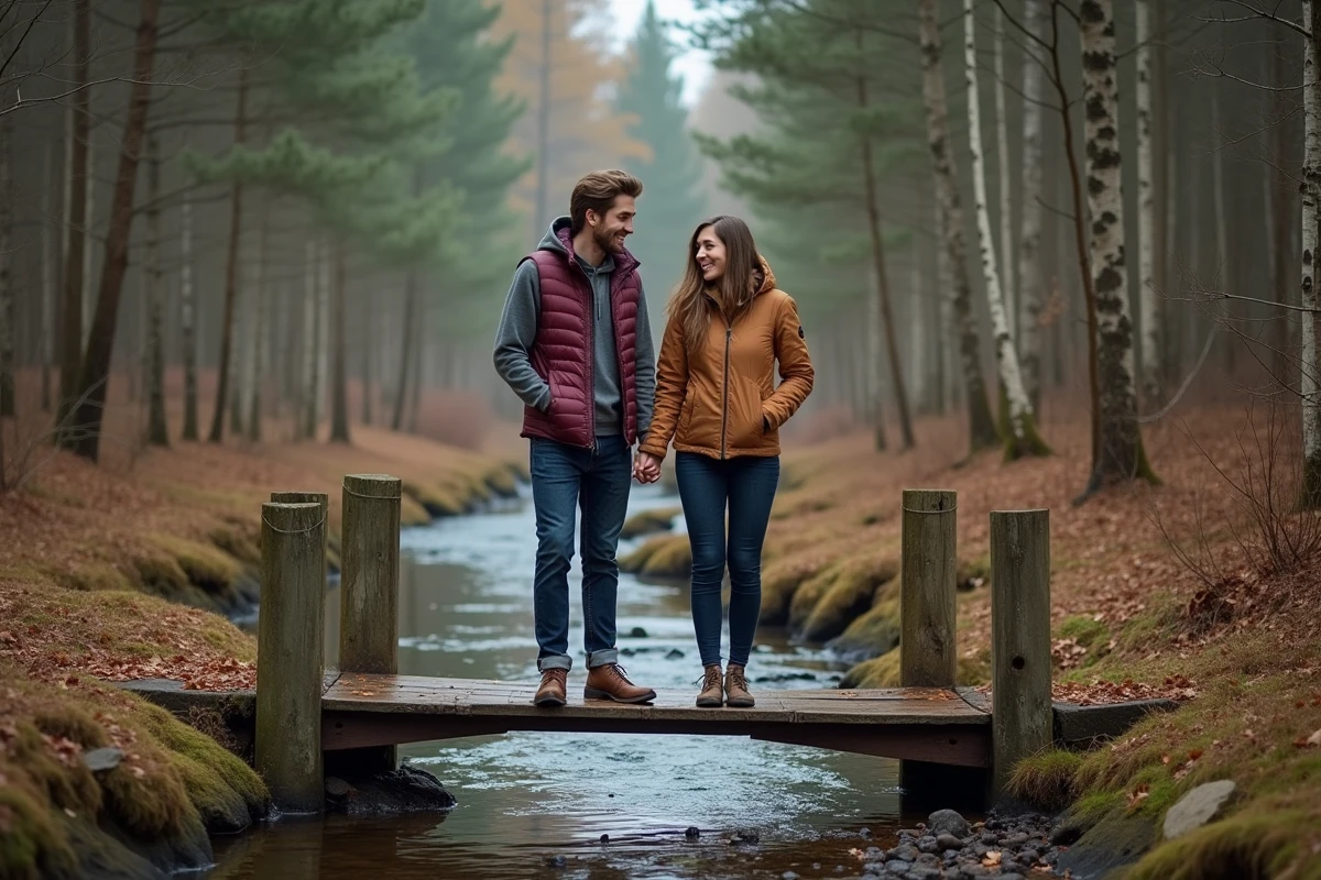 Couple sur un pont en bois au-dessus d'un ruisseau forestier lors d'une balade en forêt proche de Paris en automne