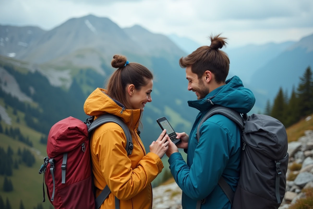 Couple de randonneurs consultant une application de tourisme en ligne sur smartphone en montagne