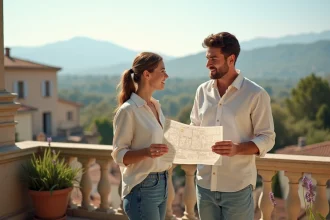Couple étudiant une carte immobilière sur une terrasse en pierre avec vue sur une ville de province française