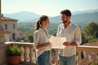 Couple étudiant une carte immobilière sur une terrasse en pierre avec vue sur une ville de province française