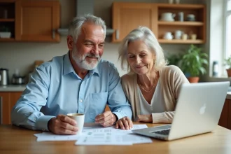 Couple de retraités examinant leurs documents financiers à la table de cuisine pour estimer le montant d'une retraite confortable