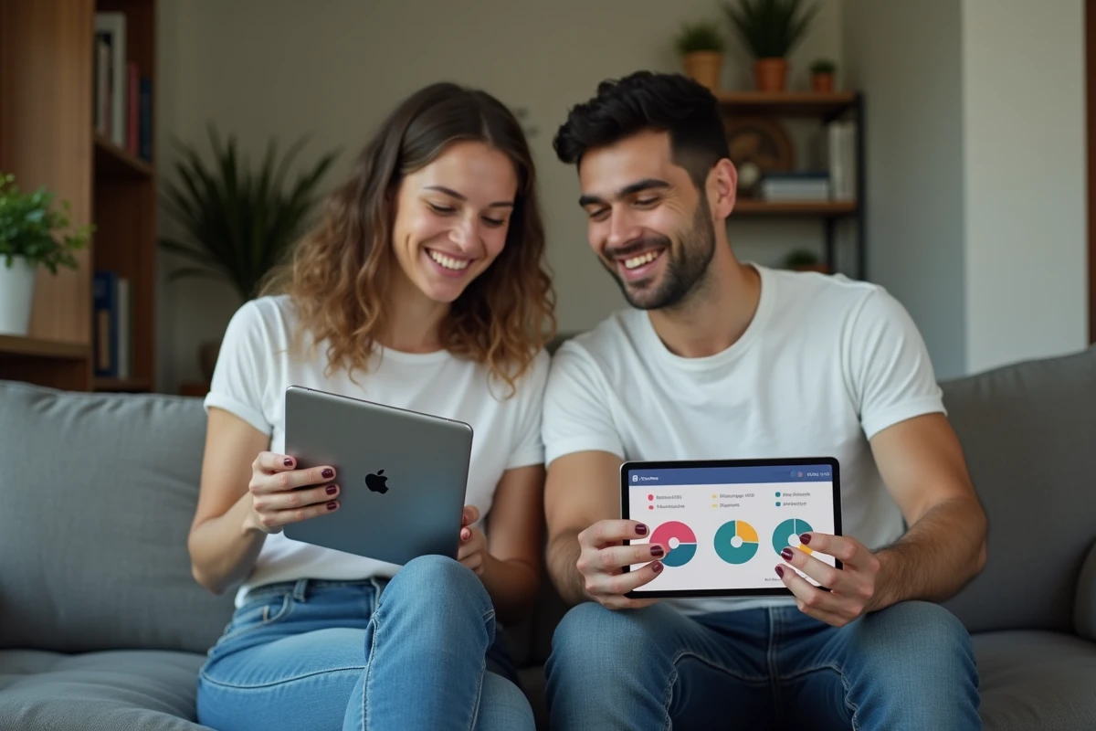 Couple consultant une application de suivi des dépenses partagées sur tablette dans leur salon
