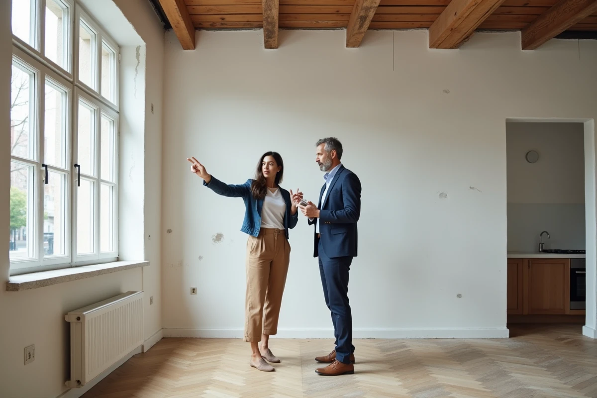 Couple visitant un appartement vide pour évaluer son potentiel de rentabilité avant un achat immobilier locatif