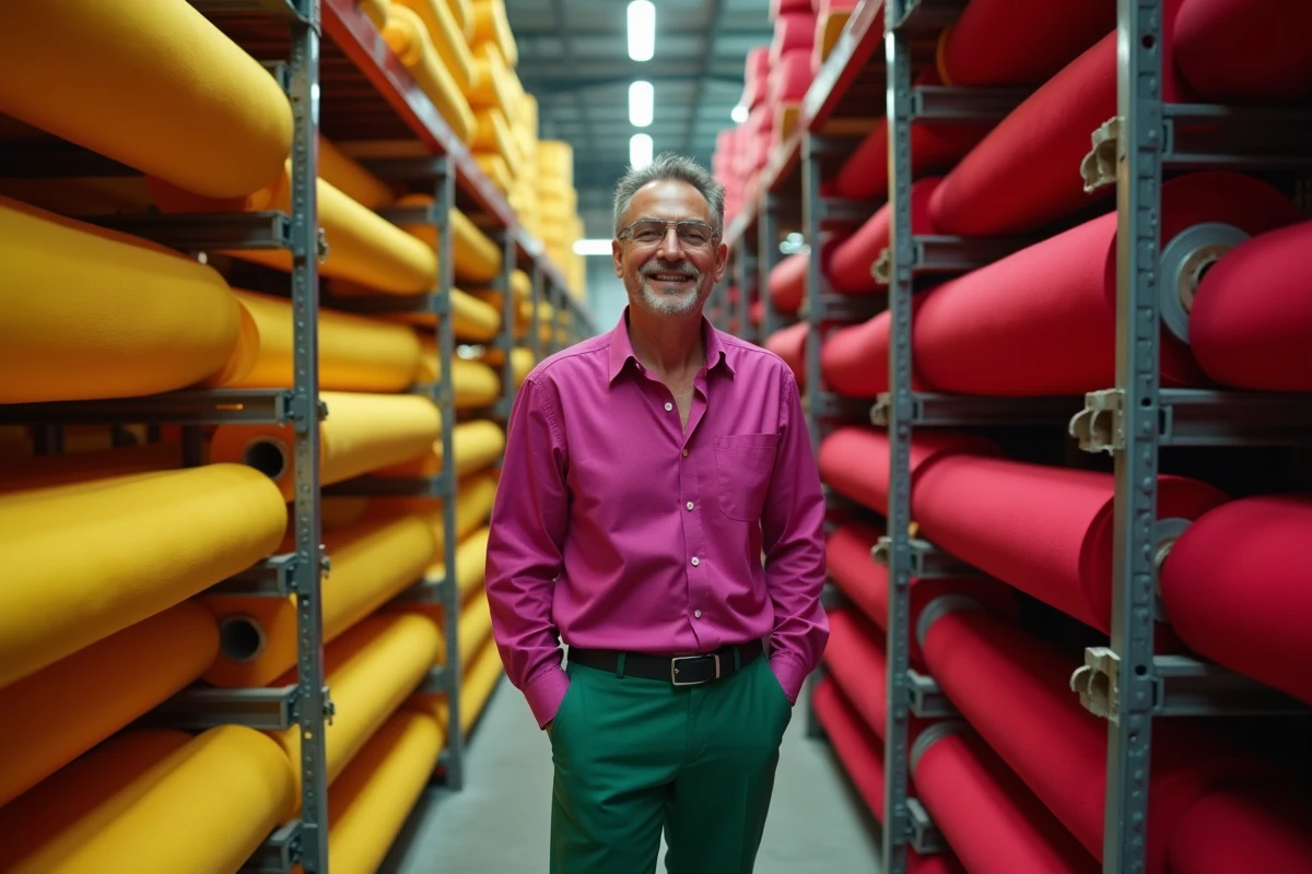 Créateur de mode masculin inspectant des rouleaux de tissus colorés dans un entrepôt textile, habillé en chemise fuchsia et pantalon vert émeraude