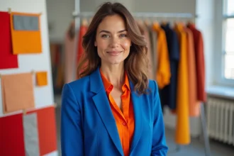 Créatrice de mode dans un studio entouré de tissus colorés vibrants, portant un blazer bleu cobalt et un chemisier orange vif