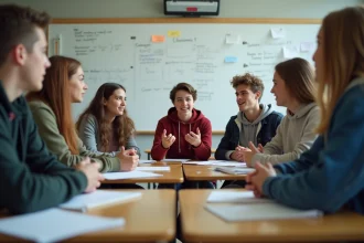 Groupe de lycéens participant à un débat en classe dans un cadre scolaire moderne
