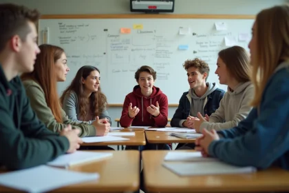 Groupe de lycéens participant à un débat en classe dans un cadre scolaire moderne