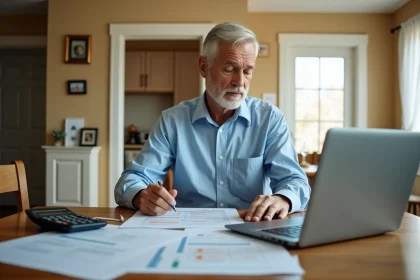 Un homme américain d'âge mûr remplit sa déclaration d'impôts fédéraux américains à sa table de cuisine, entouré de formulaires IRS et d'une calculatrice
