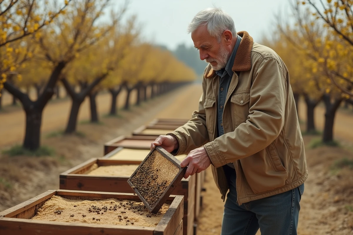 Apiculteur inquiet inspectant des ruches vides dans un verger traité aux pesticides, symbolisant le déclin des pollinisateurs causé par l'agriculture intensive