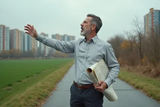 Urbaniste debout à la frontière entre zone urbanisée et zone agricole, illustrant la délimitation d'un périmètre urbain