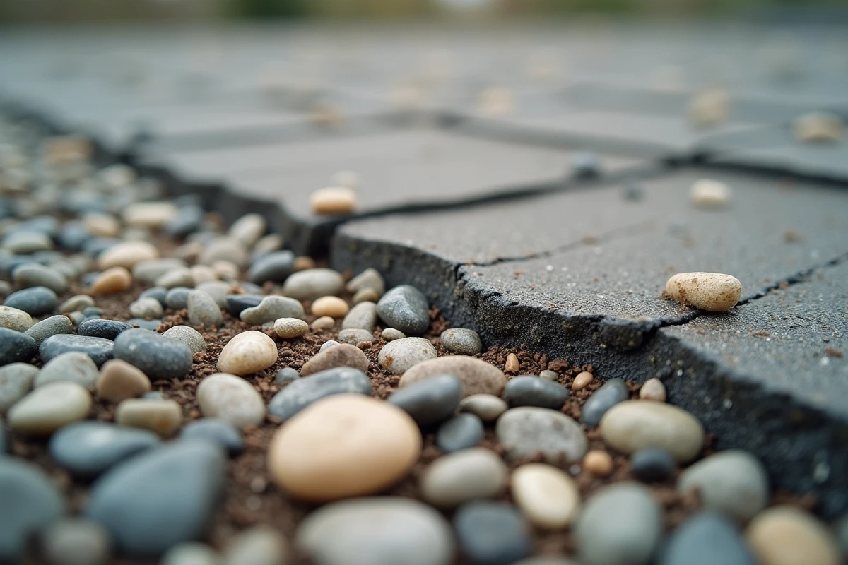 Gros plan sur une surface de toit en gravier vieilli montrant la détérioration des pierres et des fissures dans la membrane bitumineuse